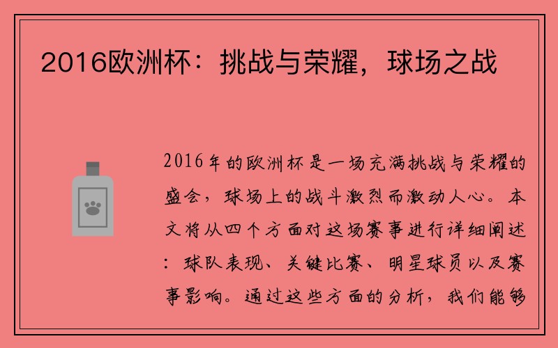 2016欧洲杯：挑战与荣耀，球场之战