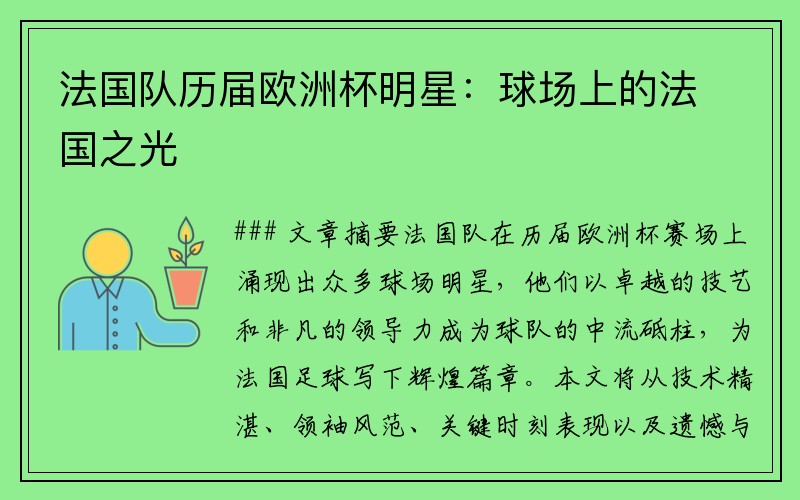 法国队历届欧洲杯明星：球场上的法国之光