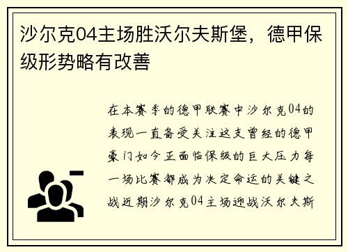 沙尔克04主场胜沃尔夫斯堡，德甲保级形势略有改善